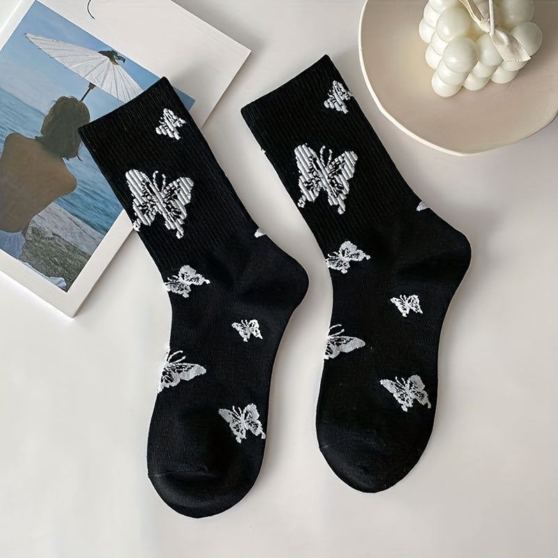6 Pairs Butterfly Print Mid Tube Socks for Women