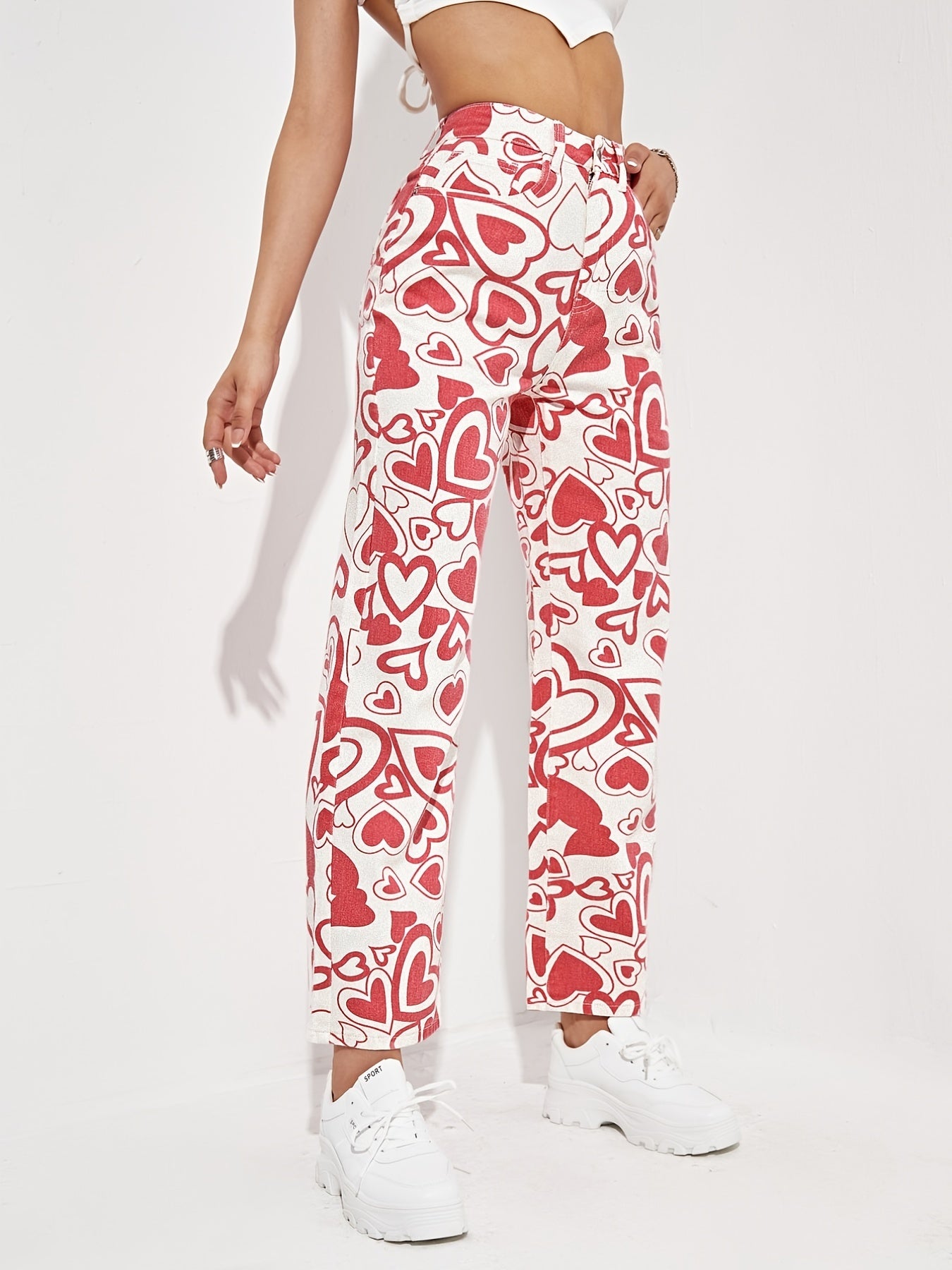 Heart Pattern High Waist Wide Leg Jeans Loose Fit Denim Pants