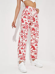 Heart Pattern High Waist Wide Leg Jeans Loose Fit Denim Pants