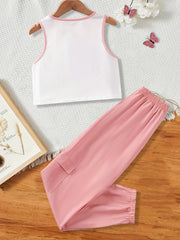 Girls Casual Butterfly Print Vest & Pants Set for Summer Party