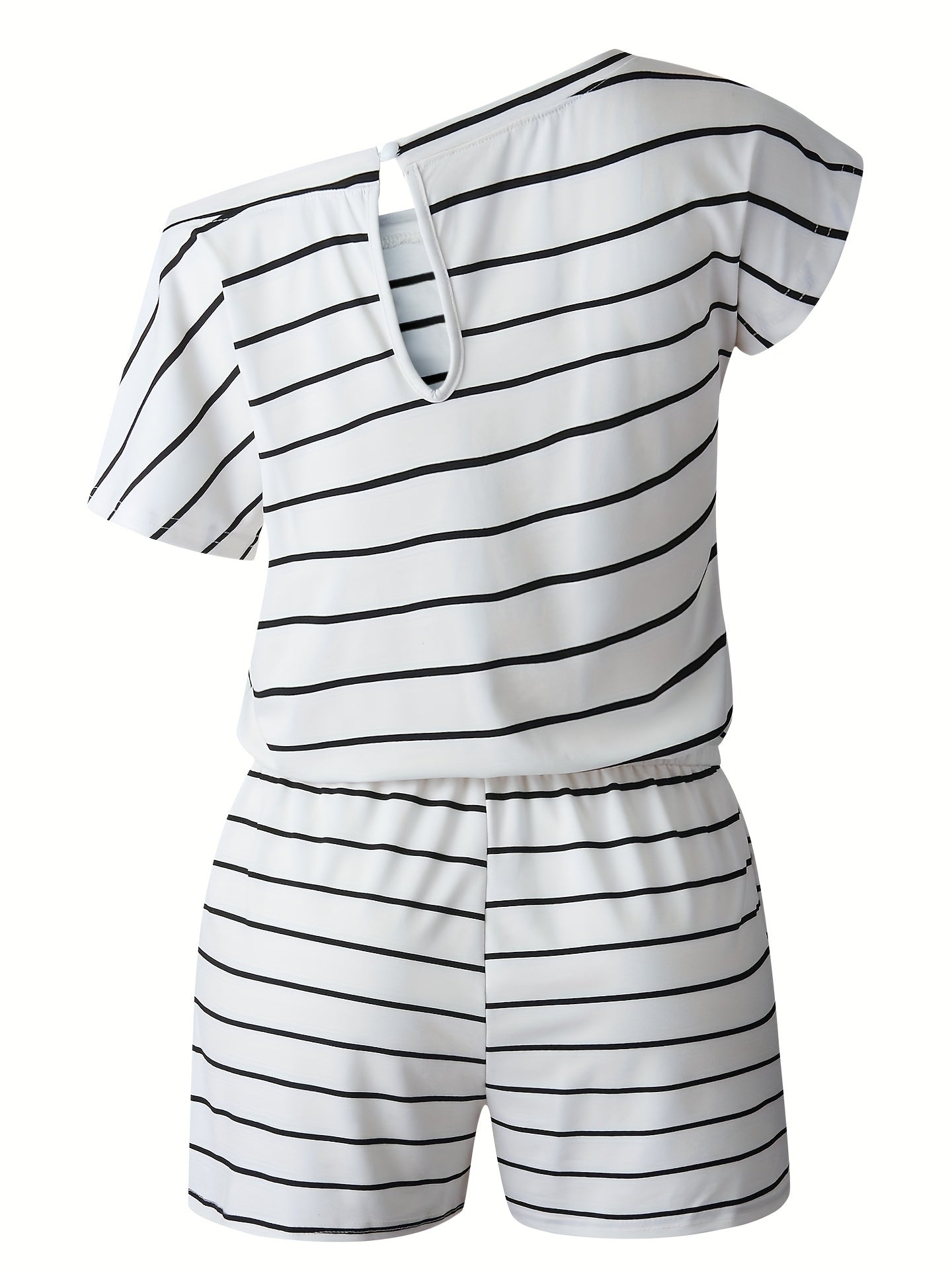 Striped Print Slanted Shoulder Romper Casual Drawstring Short Sleeve Romper