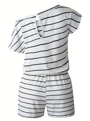 Striped Print Slanted Shoulder Romper Casual Drawstring Short Sleeve Romper