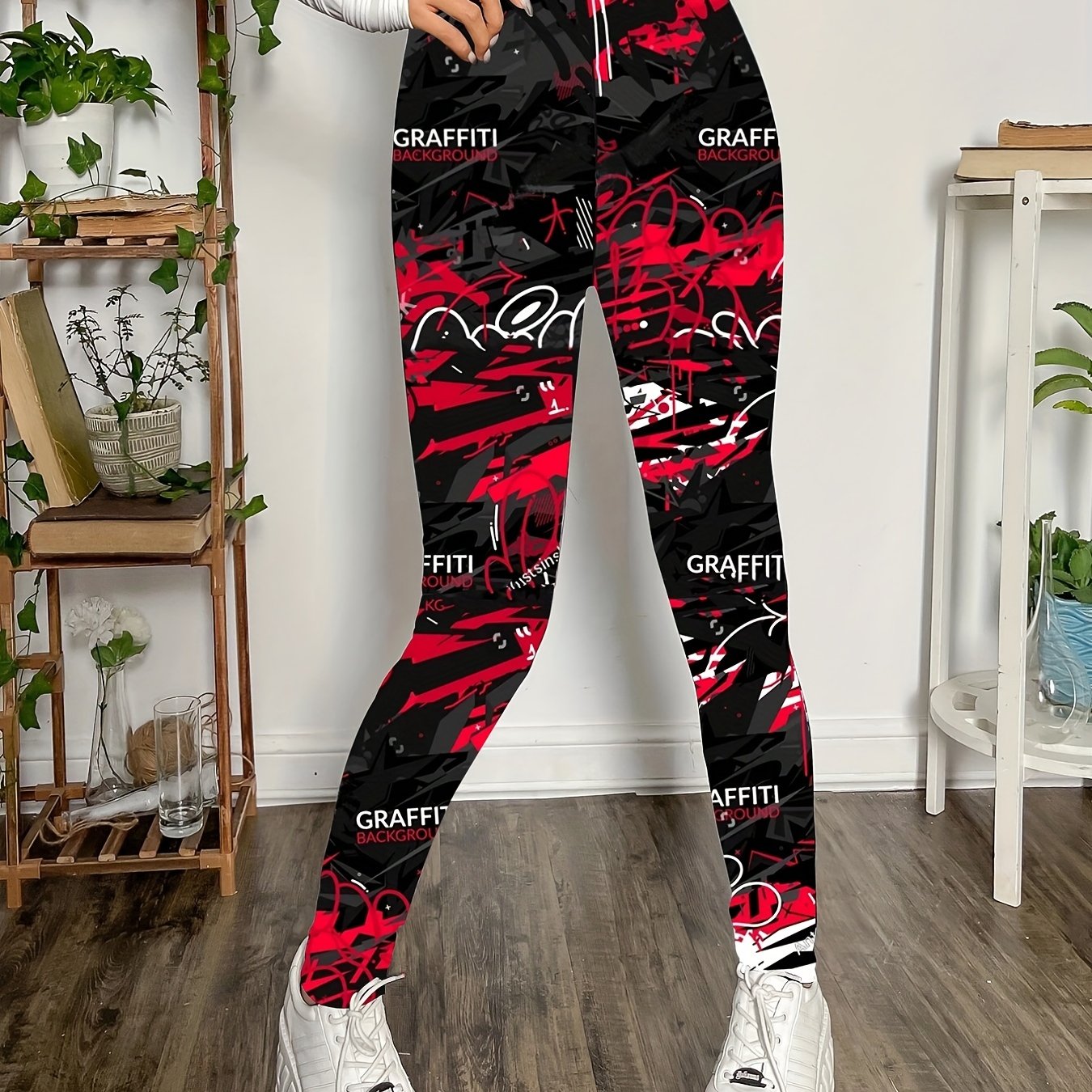 Graffiti Print Skinny Leggings Stretchy Casual Women's Clothing
