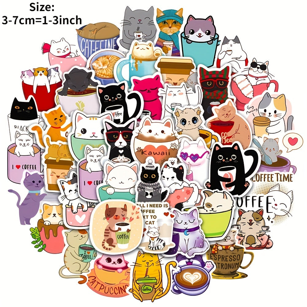50pcs Cat Coffee Series Doodle Stickers Waterproof DIY Decorative Stick