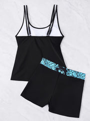 Floral Print Tankini Set Women's Scoop Neck Cami Top & Shorts Swimsuit