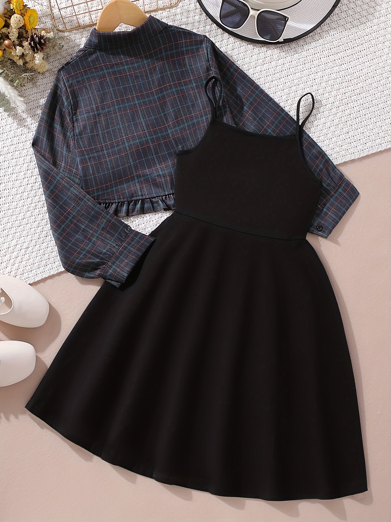 2pcs Girls Dress Clothes Plaid Long Sleeve Top Knit Cami Dress Set