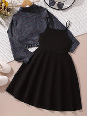 2pcs Girls Dress Clothes Plaid Long Sleeve Top Knit Cami Dress Set