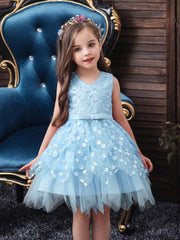Girls Princess Dress Sleeveless Flower Embroidery Mesh Tutu Dress