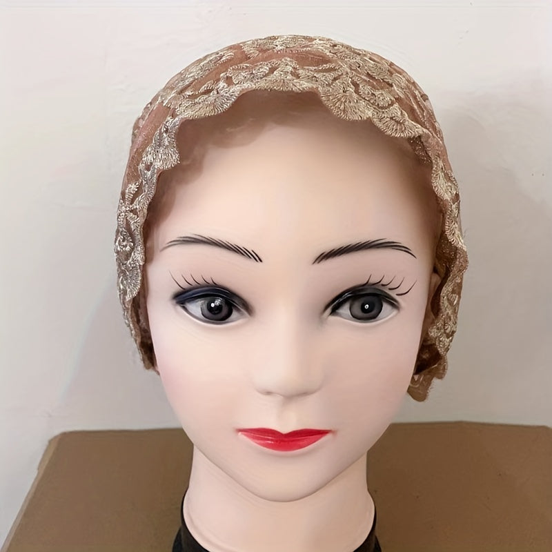 Double Layer Lace Turban Cap Embroidery Head Wrap Mesh Beanie Women Elastic Bonn