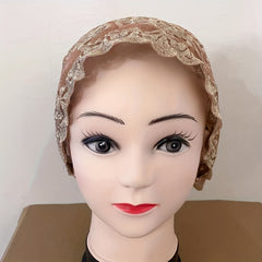Double Layer Lace Turban Cap Embroidery Head Wrap Mesh Beanie Women Elastic Bonn