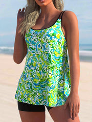 Modest Tankini Set Women's Plus Leaf Print Cami Top & Shorts Swimsuit