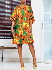 Abstract Print Dress Boho Keyhole Long Sleeve Women's Clothing