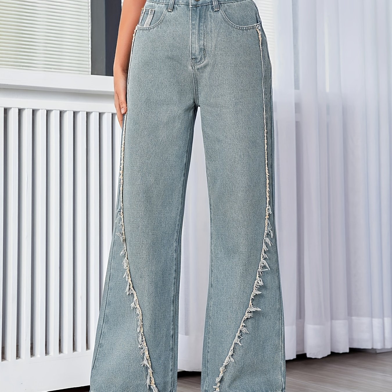 Raw Fringe Vintage Style Wide Leg Jeans High Rise Washed