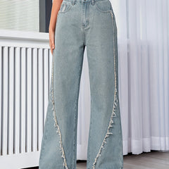 Raw Fringe Vintage Style Wide Leg Jeans High Rise Washed