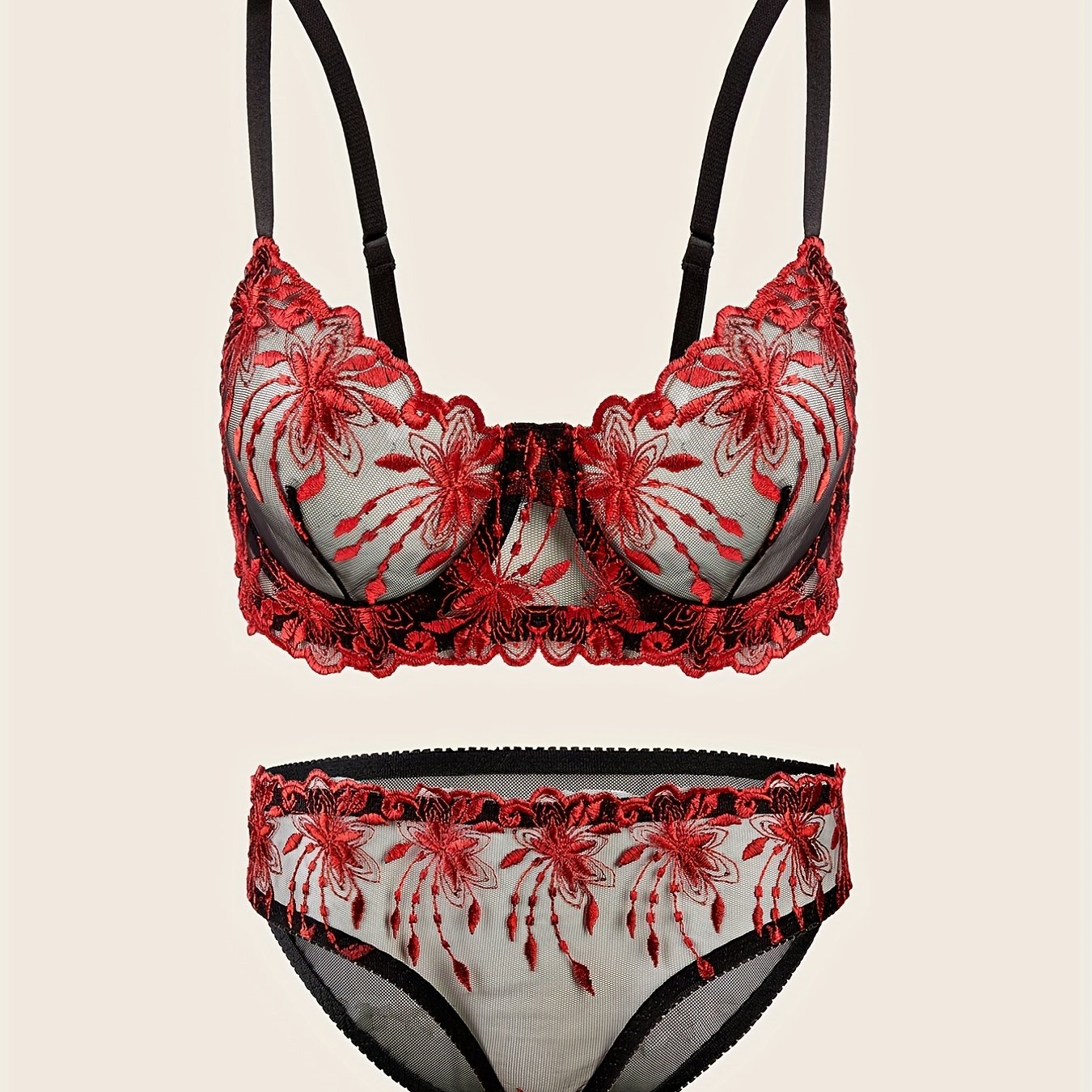 Floral Lace Lingerie Set Sheer Unlined Bra & Mesh Panties