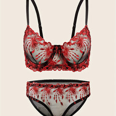 Floral Lace Lingerie Set Sheer Unlined Bra & Mesh Panties