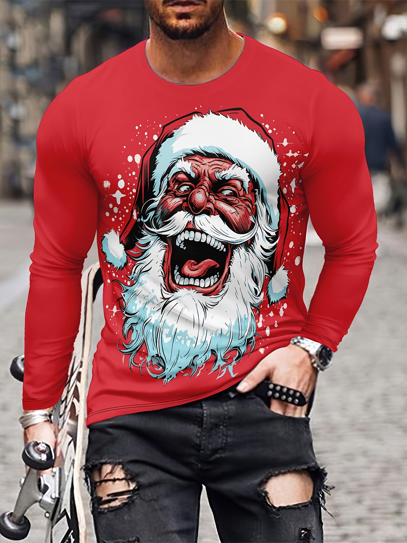 Christmas Santa Claus Print Men's Long Sleeve T-shirt for Autumn