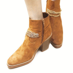 Women's Chain Ankle Boots Side Zipper Block Heeled Shoes