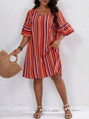 Stripe Print V Neck Loose Fit Mini Dress