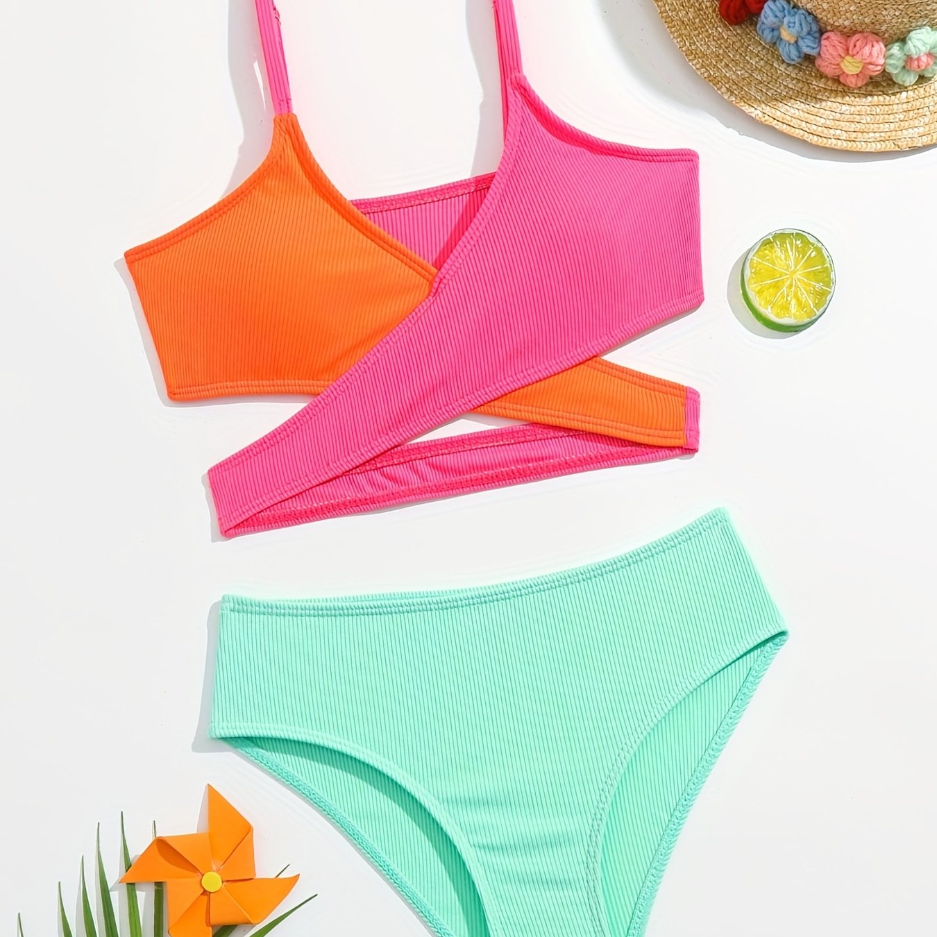 Kid's Split Swimsuit Girls Bikini Set V Neck Cami Top Shorts Set