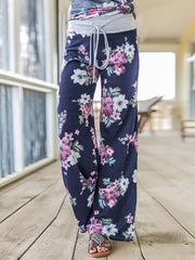 Flower Print Loose Pants Casual Lace up High Waist Wide Leg