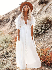 Ruffle Sleeve Beach Cover Up Dress Boho Style Tie Back Backless Kaftan