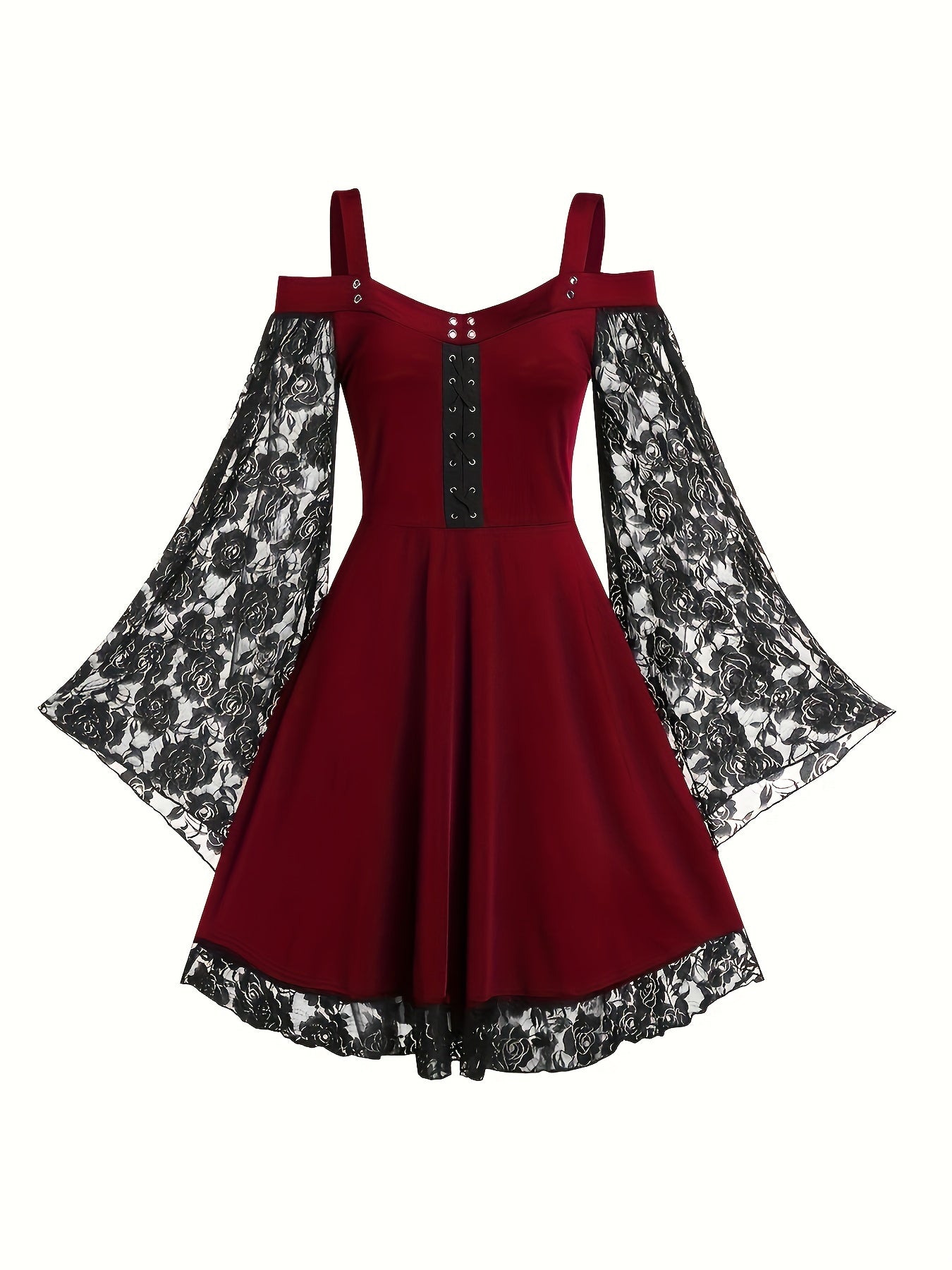 Gothic Dress Contrast Lace Grommet Lace Up Cold Shoulder