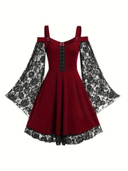 Gothic Dress Contrast Lace Grommet Lace Up Cold Shoulder