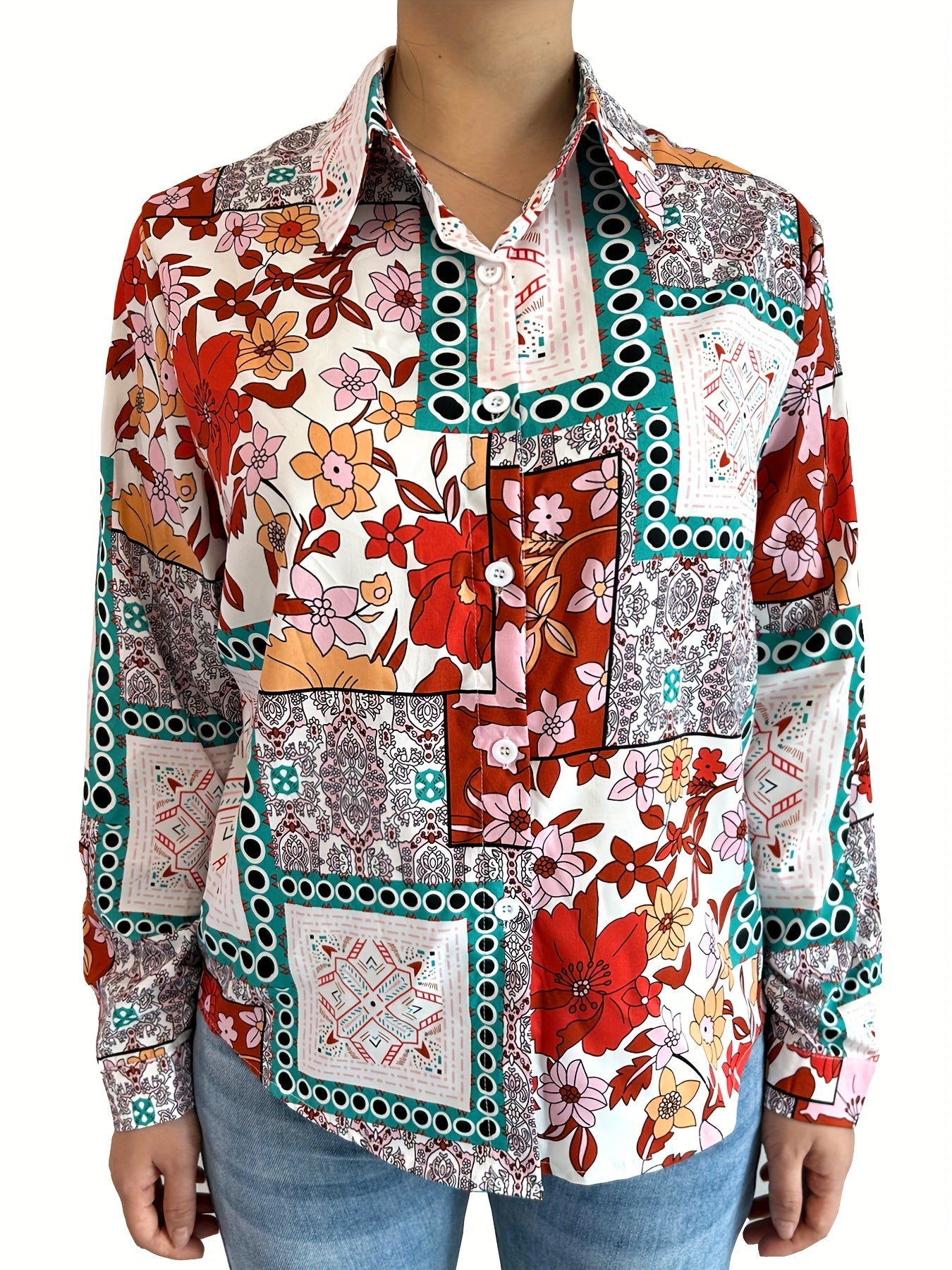 Casual Blouse Women's Plus Scarf & Floral Print Button Up