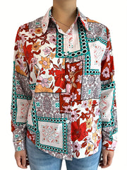 Casual Blouse Women's Plus Scarf & Floral Print Button Up