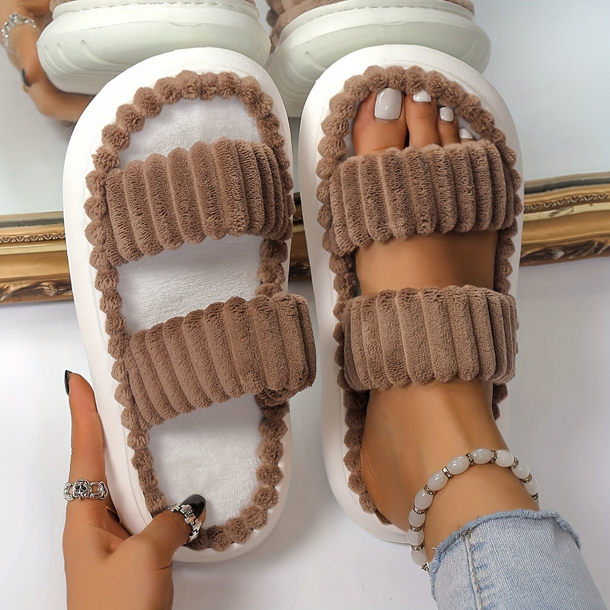 Women's Plush Double Strap Slippers Warm Home Slip-Ons