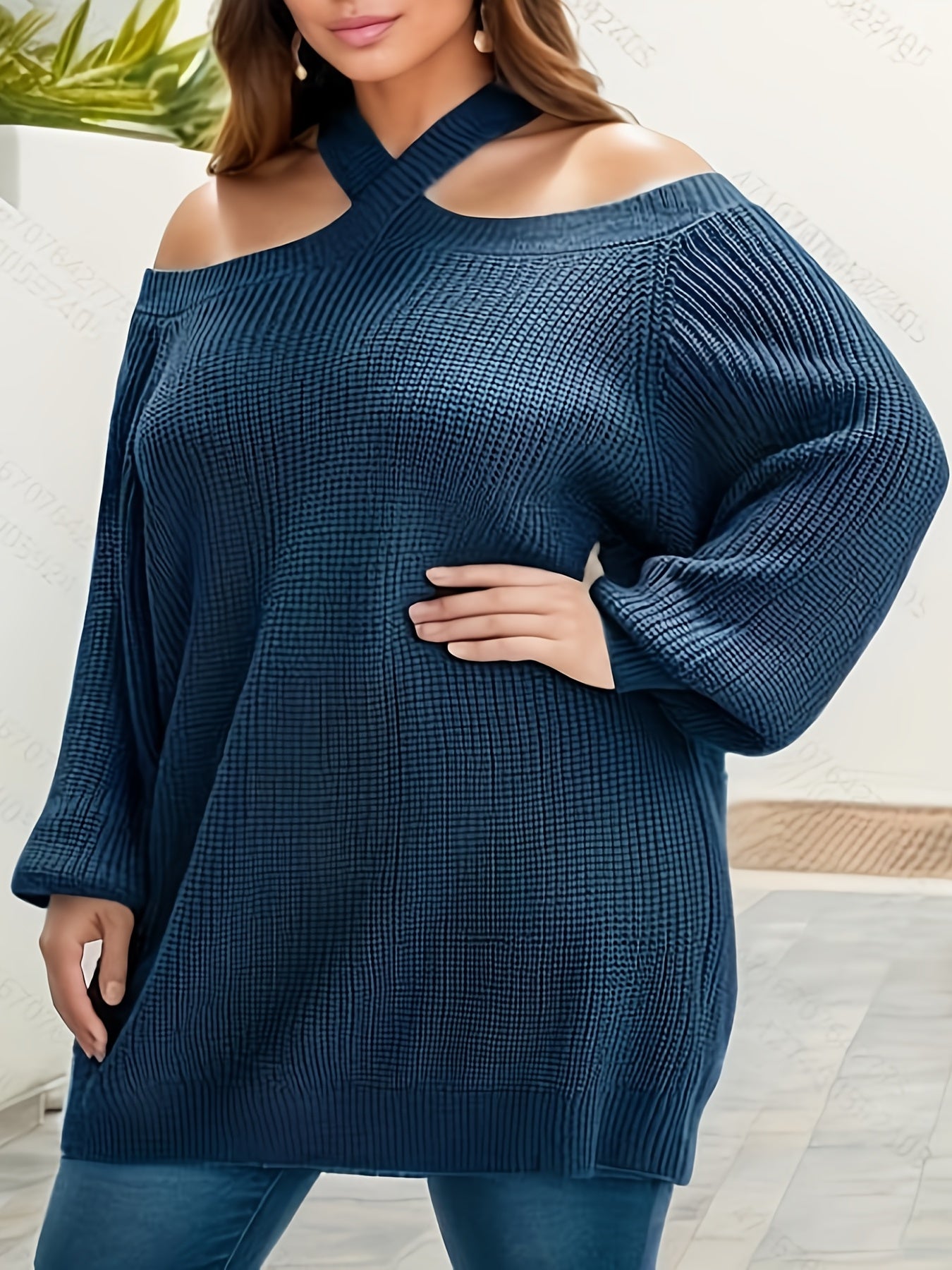 Cold Shoulder Lantern Sleeve Knit Sweater