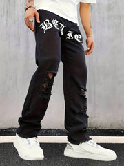Creative Letter Print Ripped Jeans Men's Street Style Denim Pants