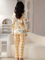Lemon Print Pajamas Set Short Sleeve Crew Neck Top & Plaid Pants