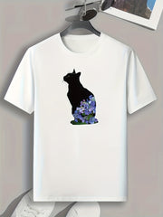 Floral Cat Print Men's Comfy T shirt Active