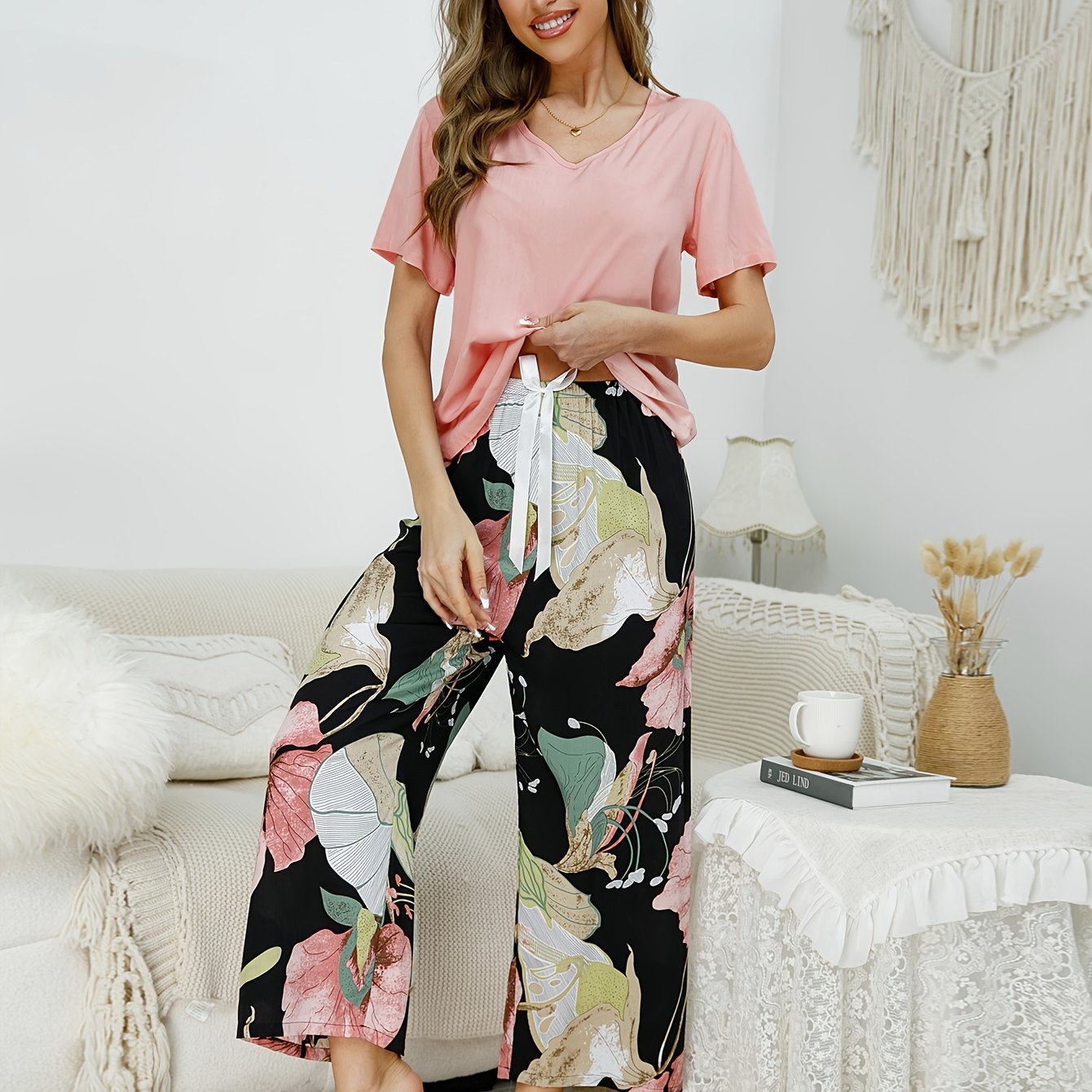 Floral Print Pajama Set Short Sleeve Top & Pants