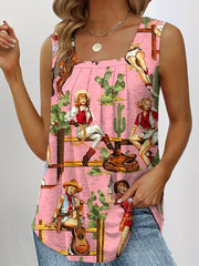 Cowboy Print Square Neck Stretch Tank Top