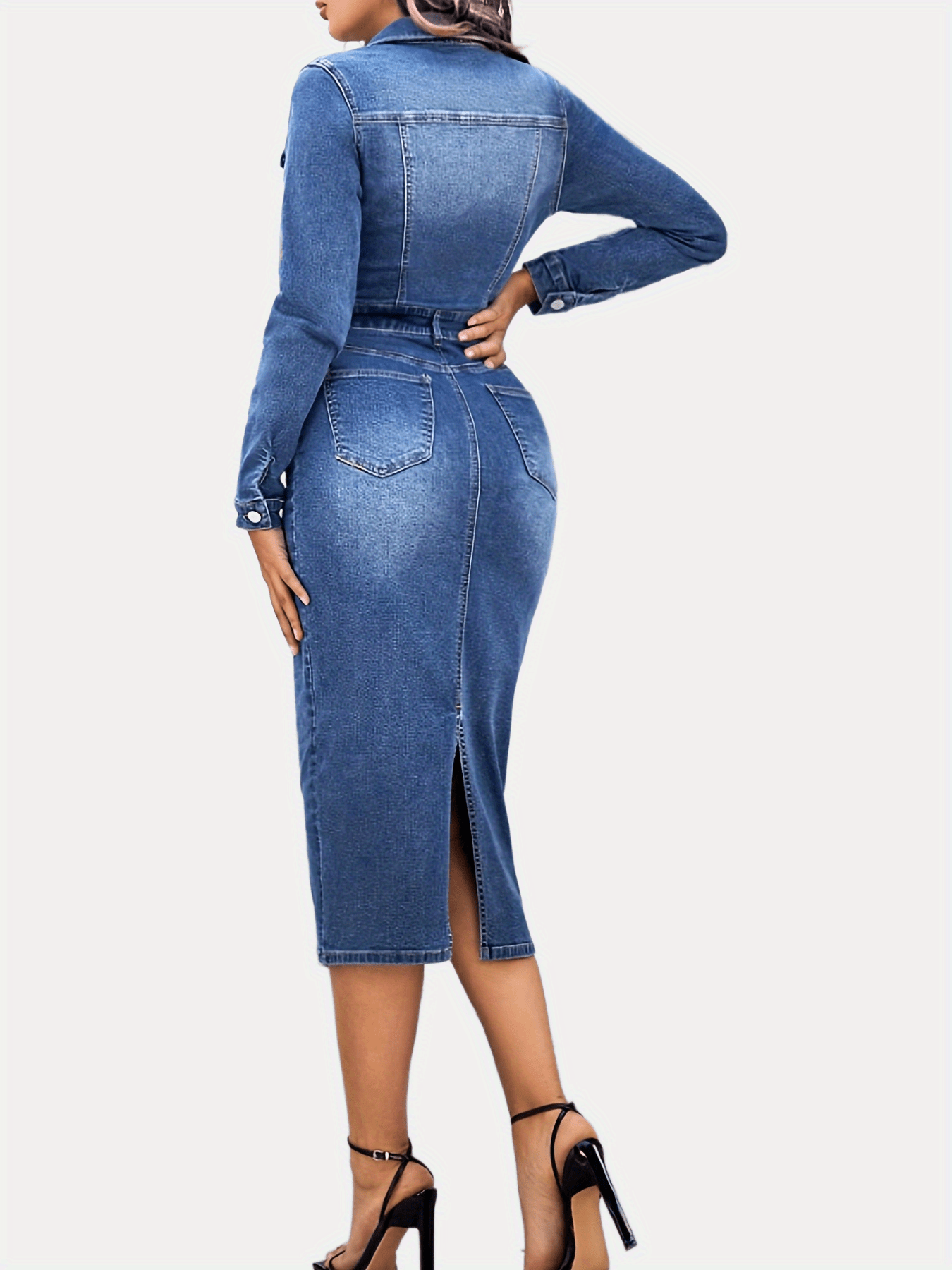 Long Sleeves Denim Dress Slim Fit Single Breasted Button Split Denim Dress