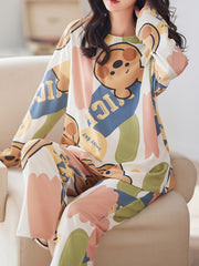 Bear Print Pajama Set Long Sleeve Top & Pants Women's Sleepwear