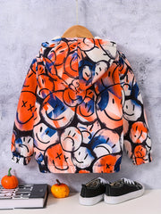 Boy's Tie Dye Happy Face Allover Print Hooded Fleece Jacket Zip Up Coat