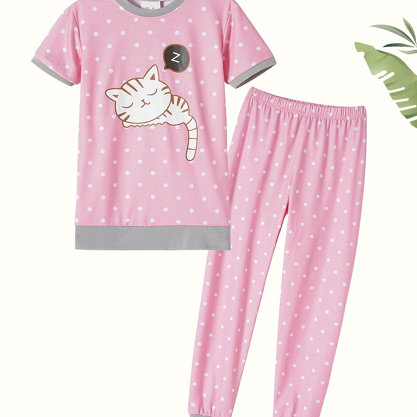 Kid's Polka Dot Pajama Set with Cartoon Cat Print - Cute Loungewear