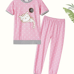 Kid's Polka Dot Pajama Set with Cartoon Cat Print - Cute Loungewear