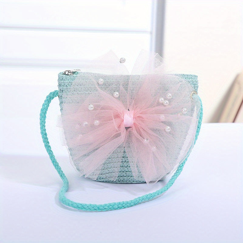Bow Decor Zipper Coin Purse Key Bag Straw Woven Crossbody Bag