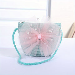 Bow Decor Zipper Coin Purse Key Bag Straw Woven Crossbody Bag