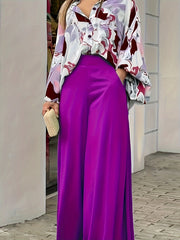 Two Piece Set: Print Button-Up Blouse & Wide Leg Pants