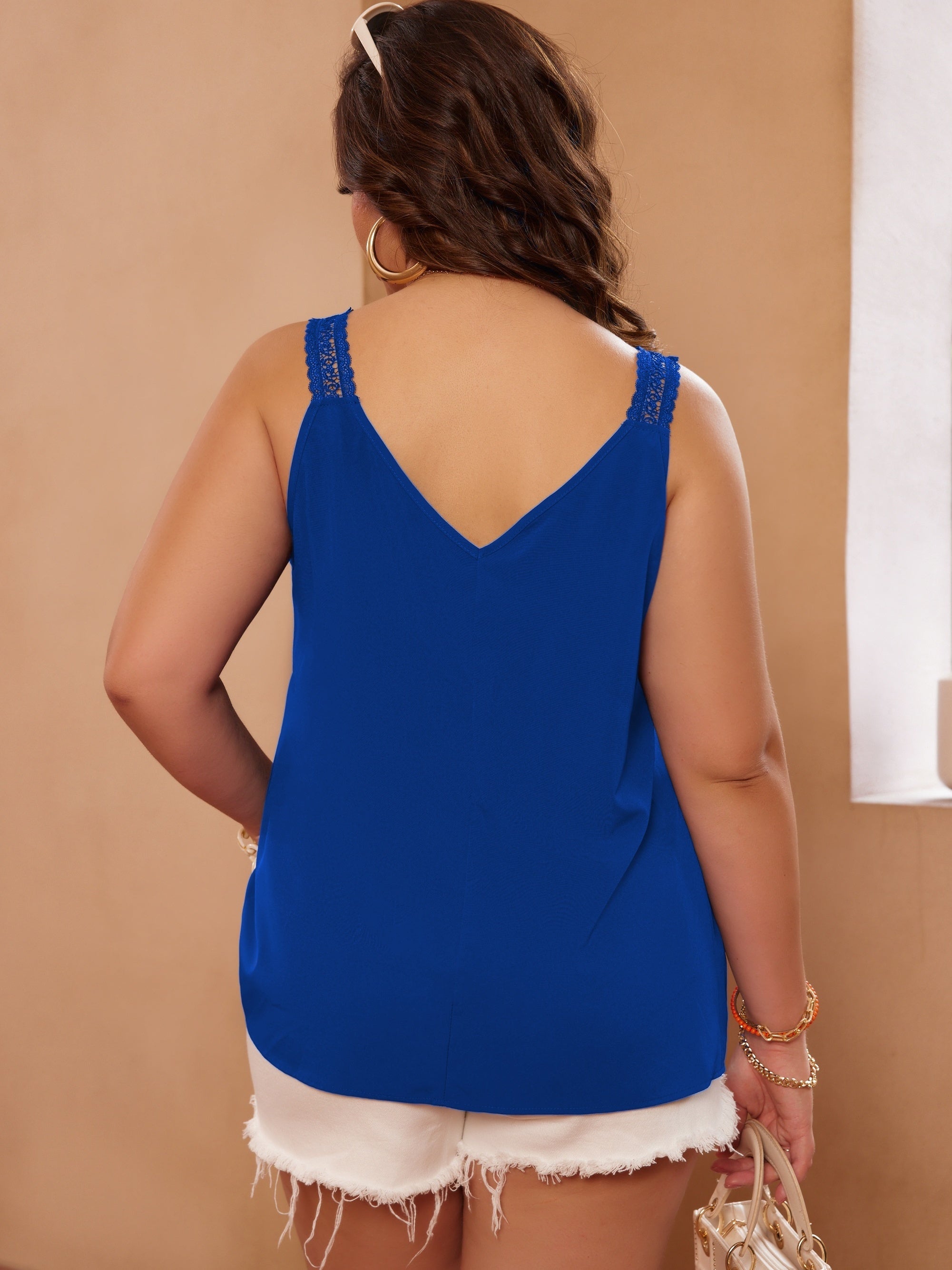 Solid Lace Panel V Neck Cami Top
