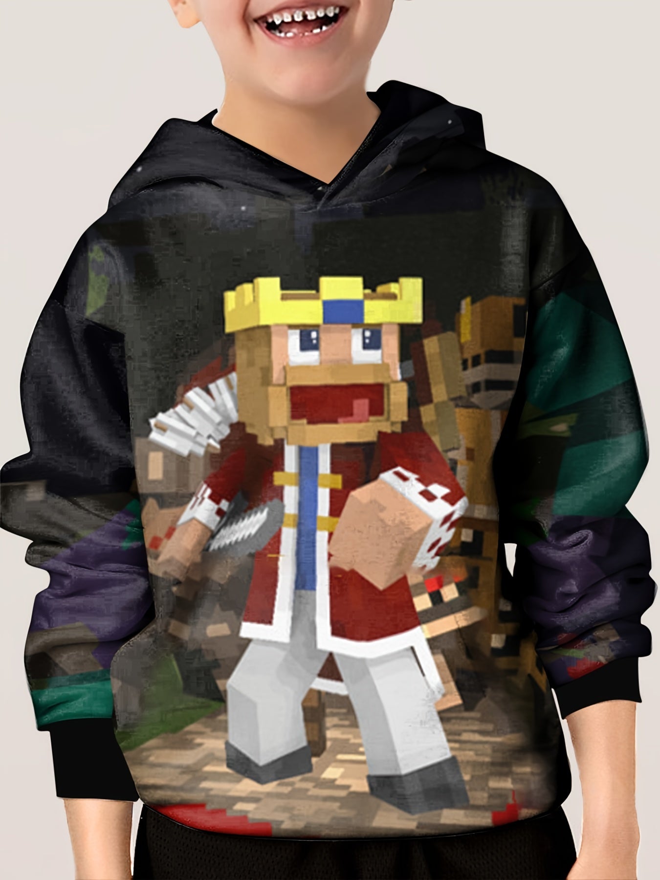 Pixel King Print Kid's Hoodie Unisex Pullover Casual Hooded Top