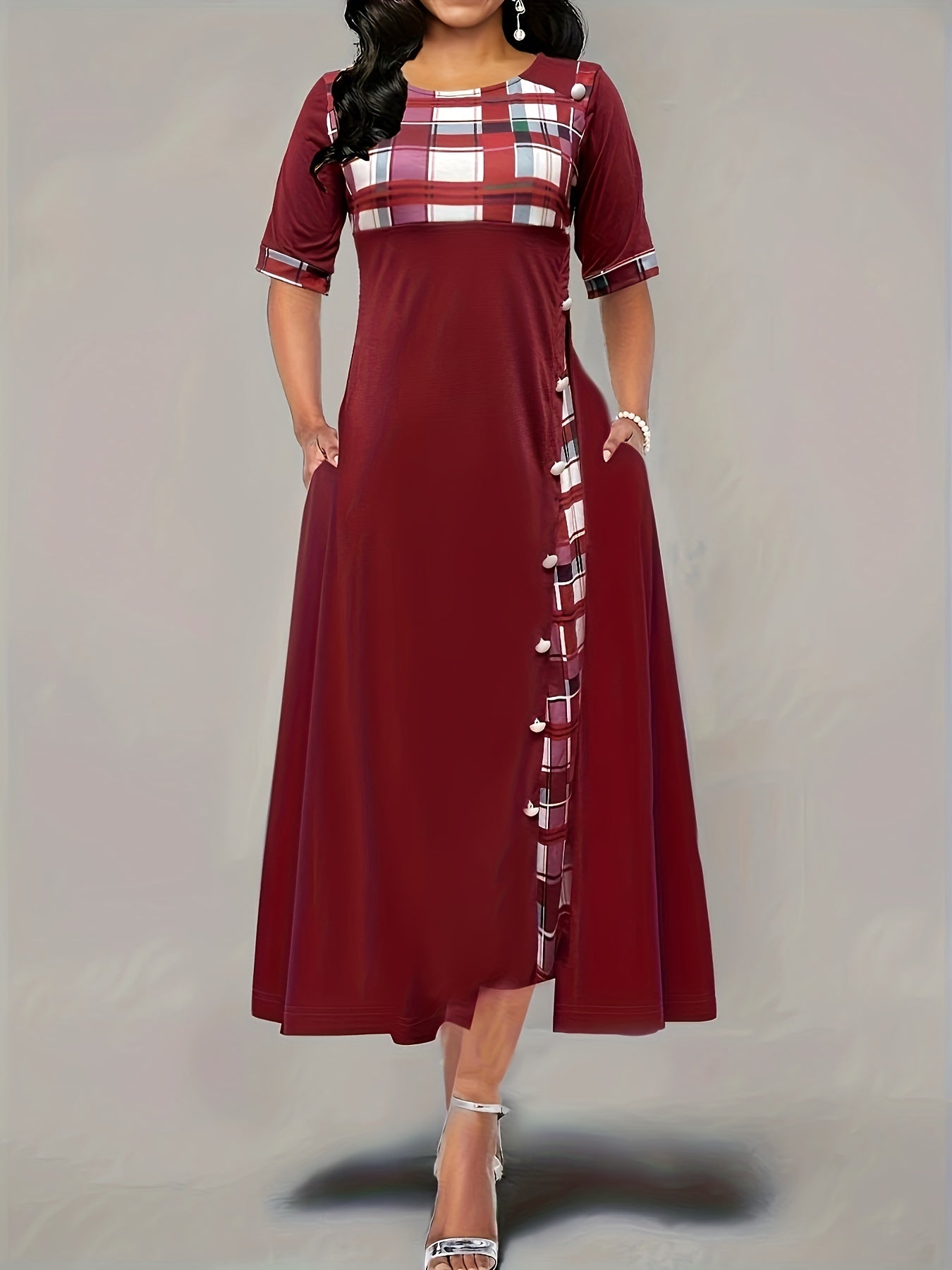 Plaid Print Button Decor Short Sleeve Dress With Pockets