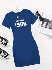 Letter Print Bodycon Dress Casual Crew Round Neck Short Sleeve Dress