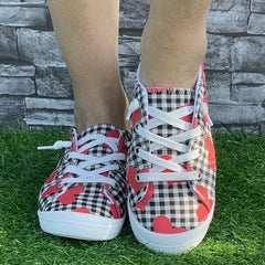Heart & Checked Print Canvas Skate Shoes